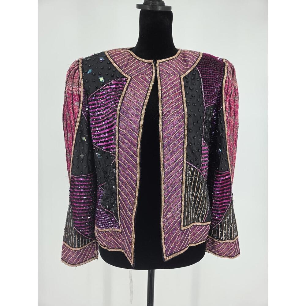 Vtg Judith Ann‎ Creations Patchwork Coat XS Beaded Sequin Silk Opera Coat Duster